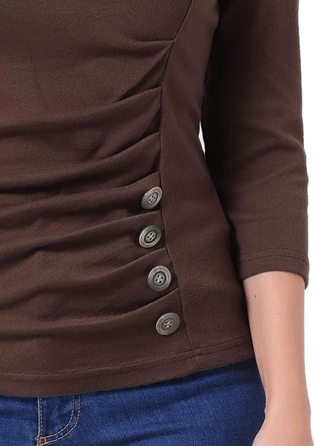 imageAllegra K Womens V Neck Blouse 34 Sleeves Solid Knitted Buttons Decor Ruched TopCoffee Brown