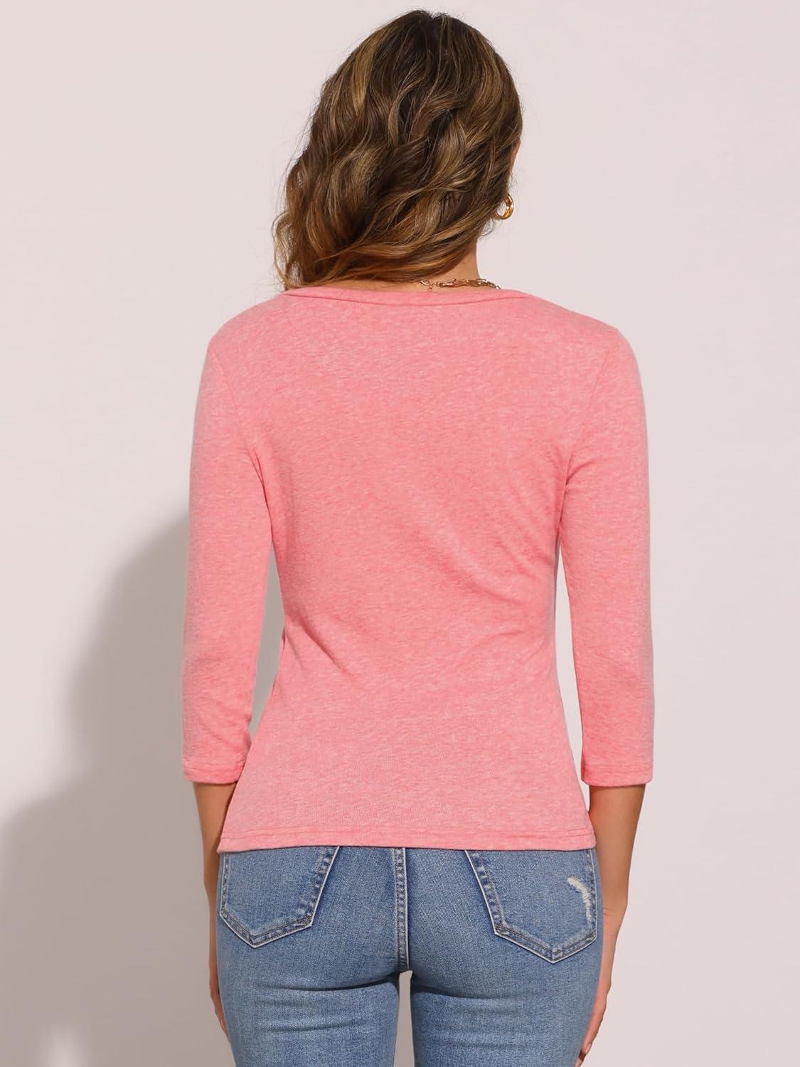 imageAllegra K Womens V Neck Blouse 34 Sleeves Solid Knitted Buttons Decor Ruched TopCoral Pink