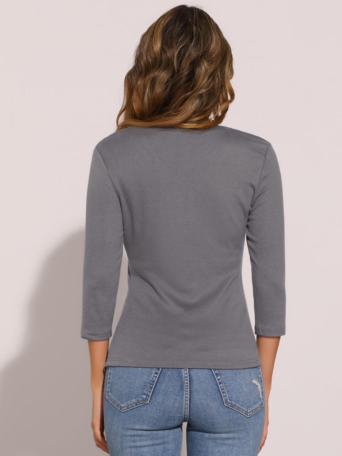 imageAllegra K Womens V Neck Blouse 34 Sleeves Solid Knitted Buttons Decor Ruched TopDark Grey