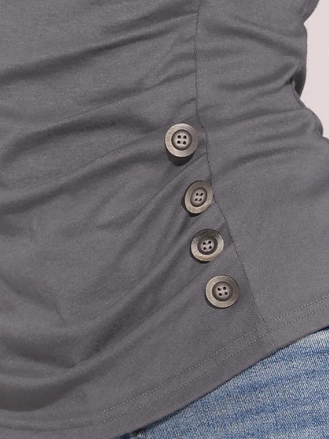 imageAllegra K Womens V Neck Blouse 34 Sleeves Solid Knitted Buttons Decor Ruched TopDark Grey