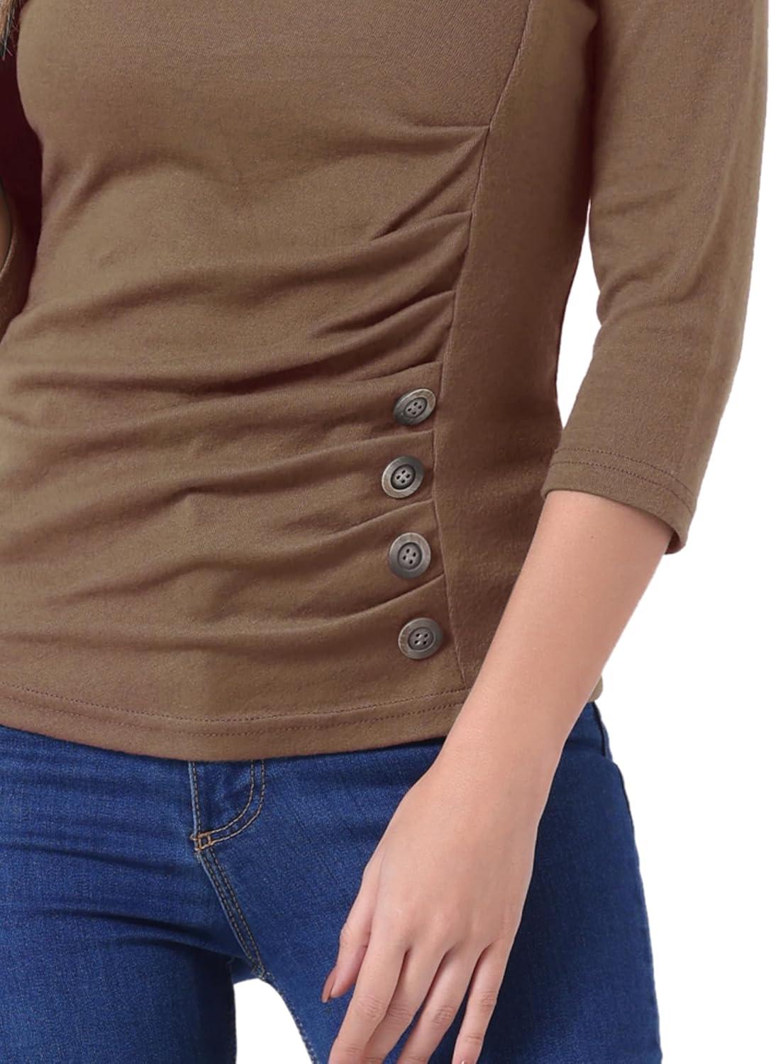 imageAllegra K Womens V Neck Blouse 34 Sleeves Solid Knitted Buttons Decor Ruched TopDark Khaki