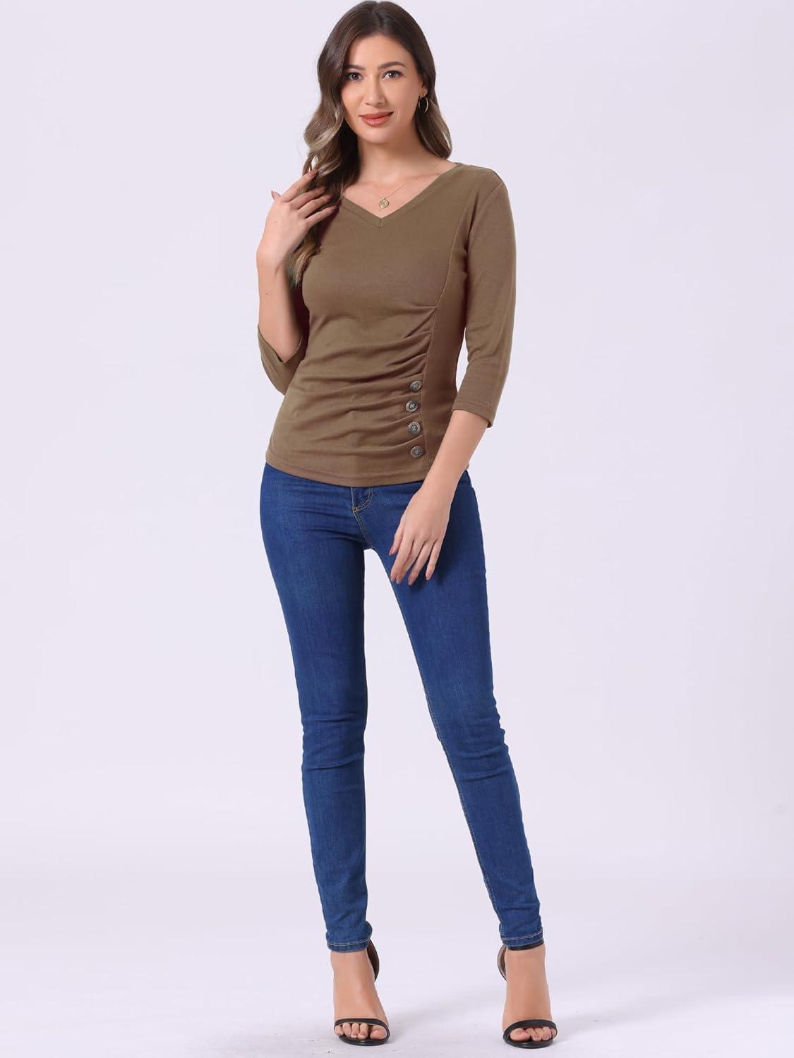 imageAllegra K Womens V Neck Blouse 34 Sleeves Solid Knitted Buttons Decor Ruched TopDark Khaki
