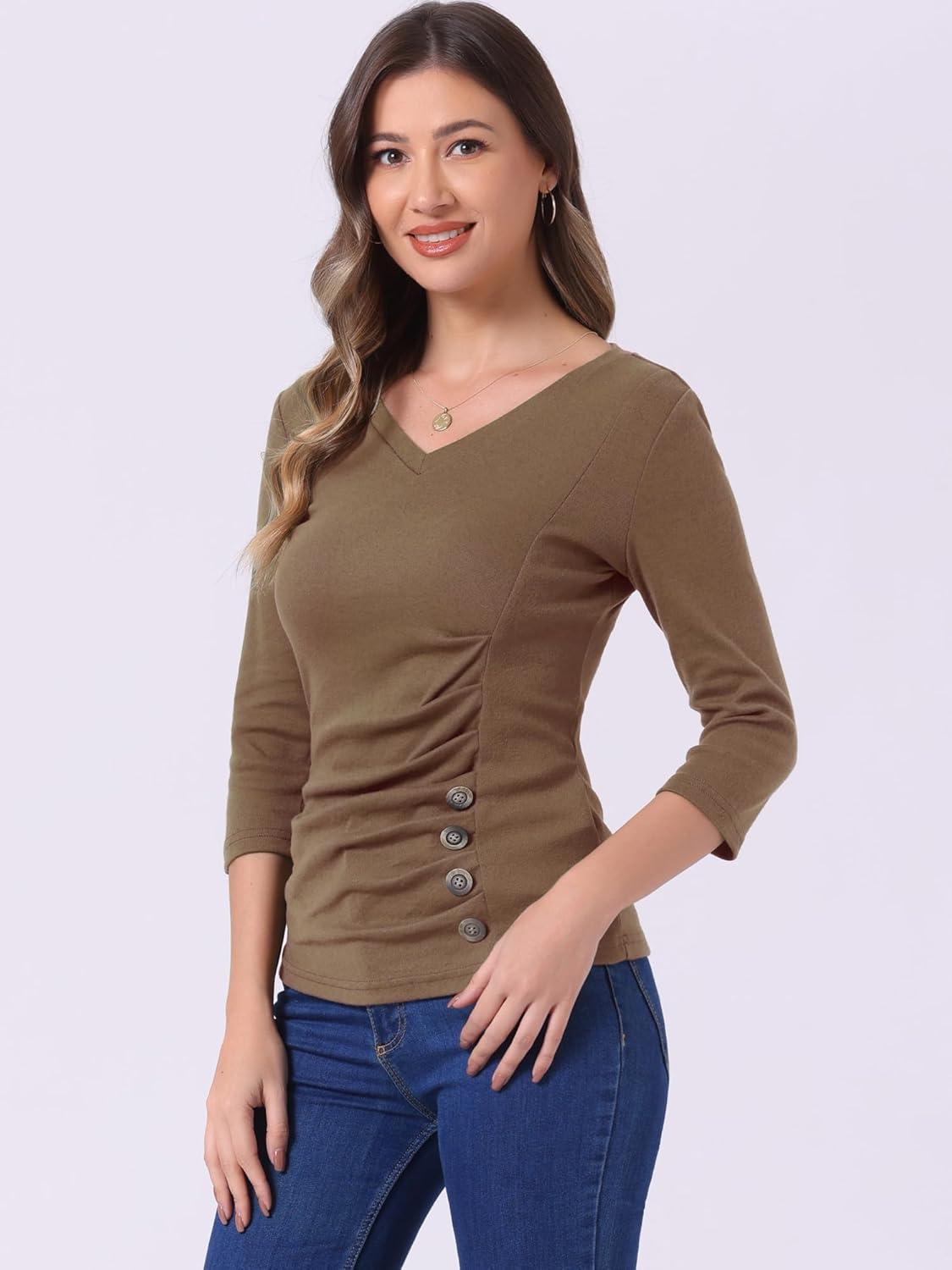 imageAllegra K Womens V Neck Blouse 34 Sleeves Solid Knitted Buttons Decor Ruched TopDark Khaki