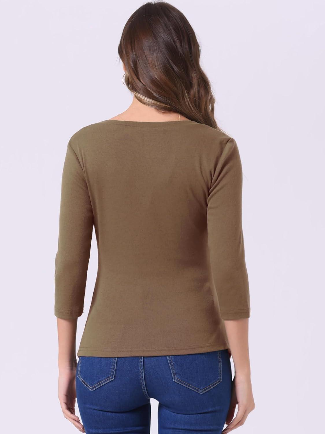 imageAllegra K Womens V Neck Blouse 34 Sleeves Solid Knitted Buttons Decor Ruched TopDark Khaki