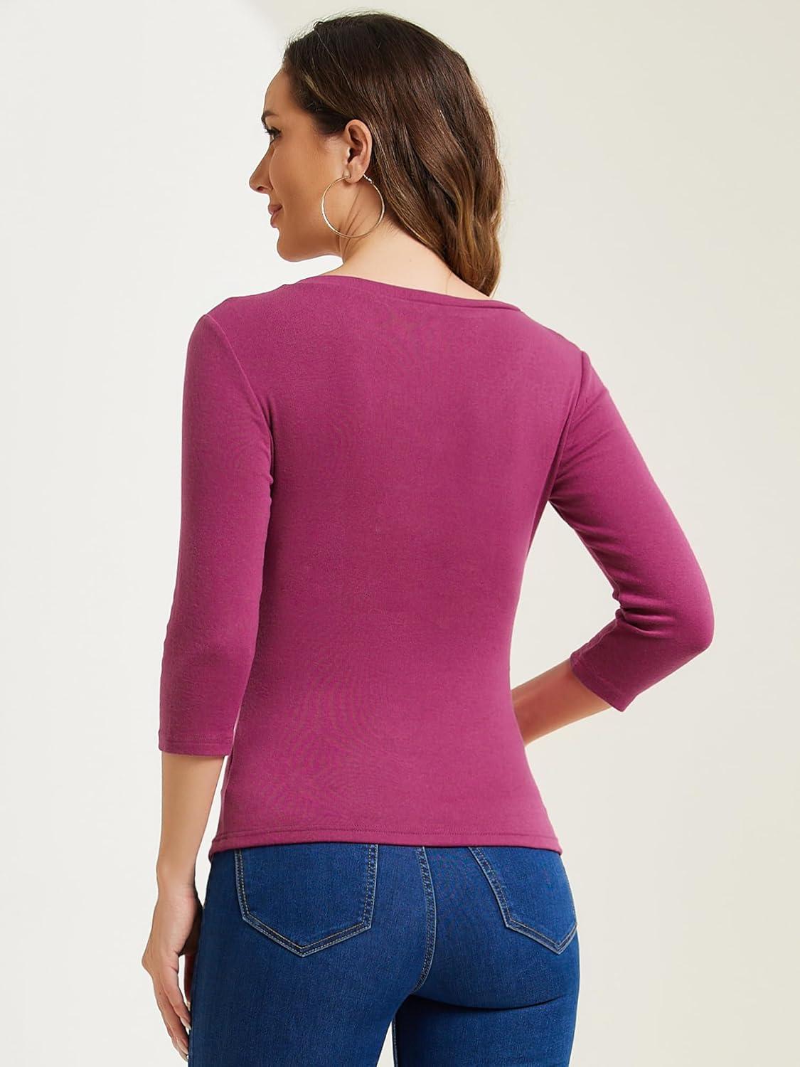 imageAllegra K Womens V Neck Blouse 34 Sleeves Solid Knitted Buttons Decor Ruched TopGrape Purple