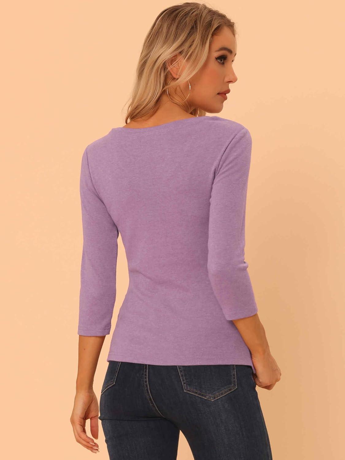 imageAllegra K Womens V Neck Blouse 34 Sleeves Solid Knitted Buttons Decor Ruched TopGray Purple