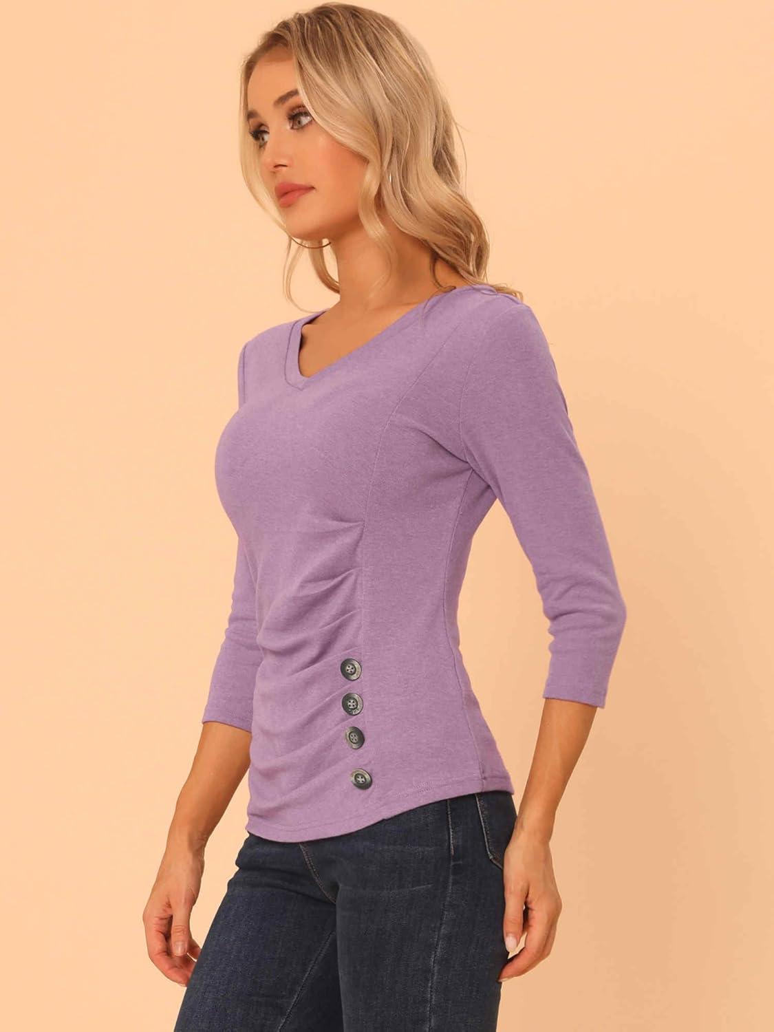 imageAllegra K Womens V Neck Blouse 34 Sleeves Solid Knitted Buttons Decor Ruched TopGray Purple