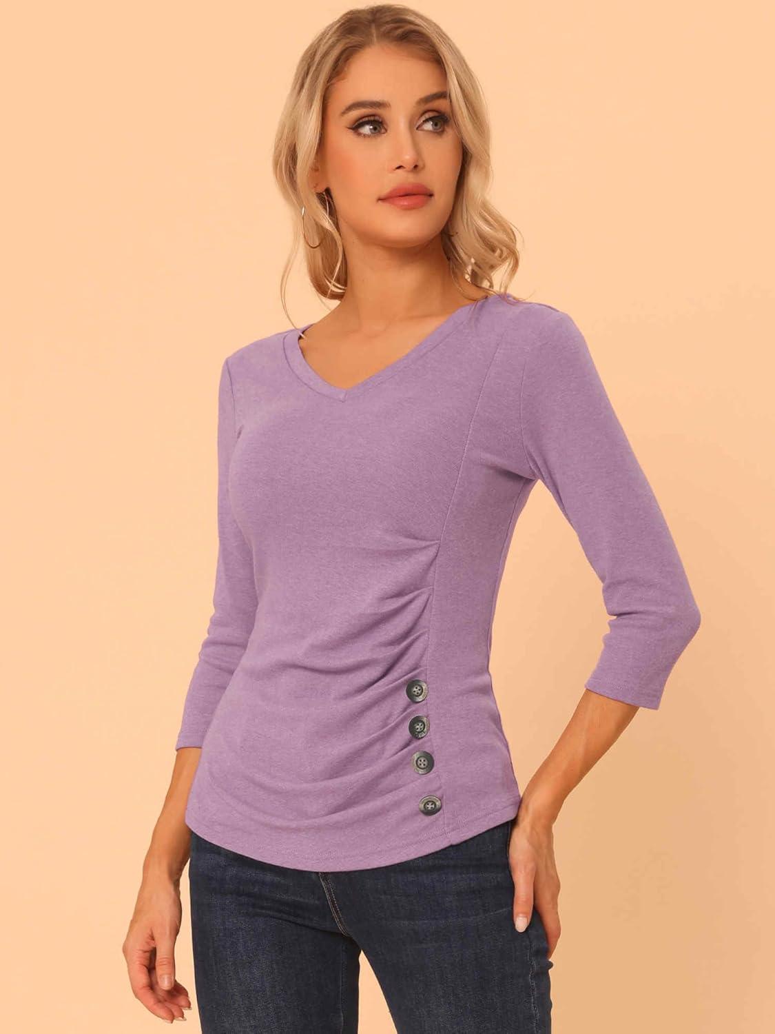 imageAllegra K Womens V Neck Blouse 34 Sleeves Solid Knitted Buttons Decor Ruched TopGray Purple