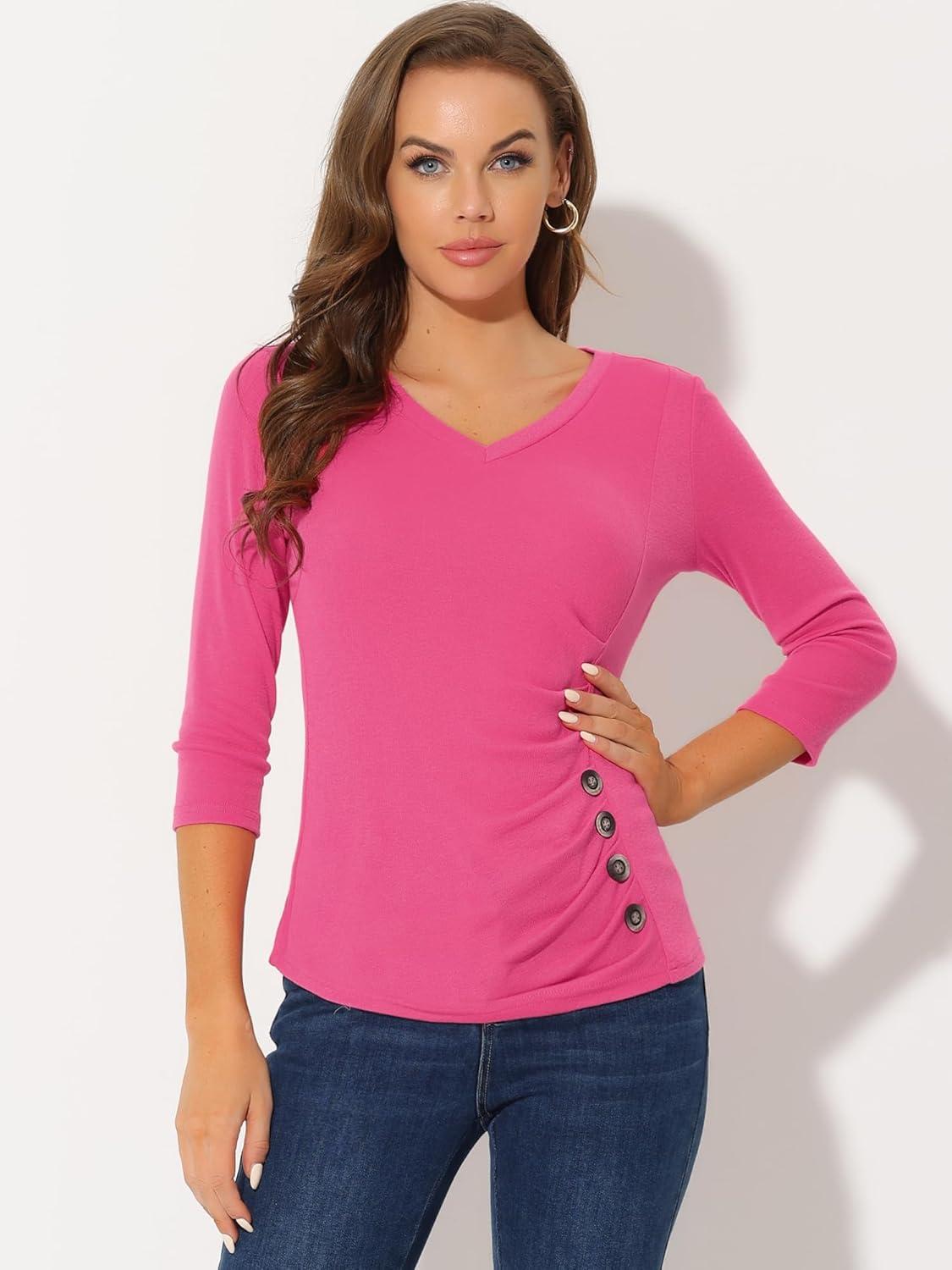 imageAllegra K Womens V Neck Blouse 34 Sleeves Solid Knitted Buttons Decor Ruched TopHot Pink
