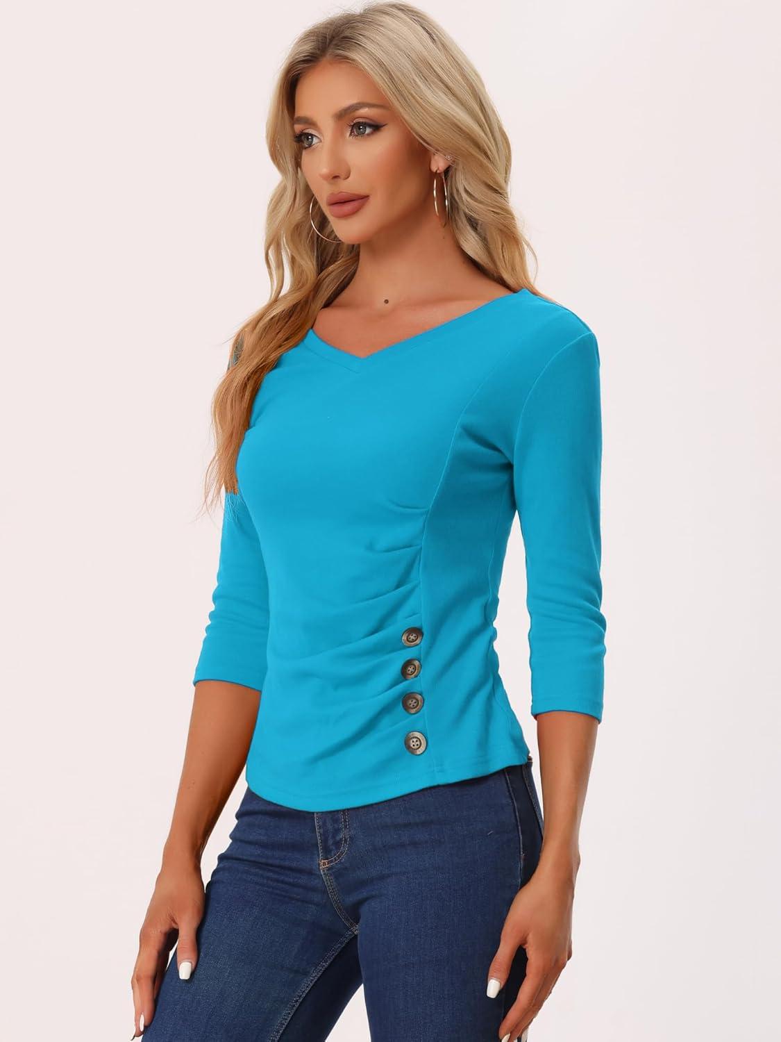 imageAllegra K Womens V Neck Blouse 34 Sleeves Solid Knitted Buttons Decor Ruched TopLake Blue