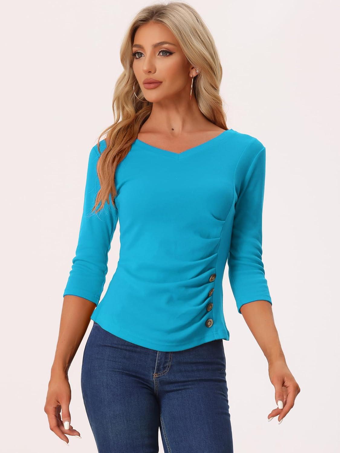 imageAllegra K Womens V Neck Blouse 34 Sleeves Solid Knitted Buttons Decor Ruched TopLake Blue