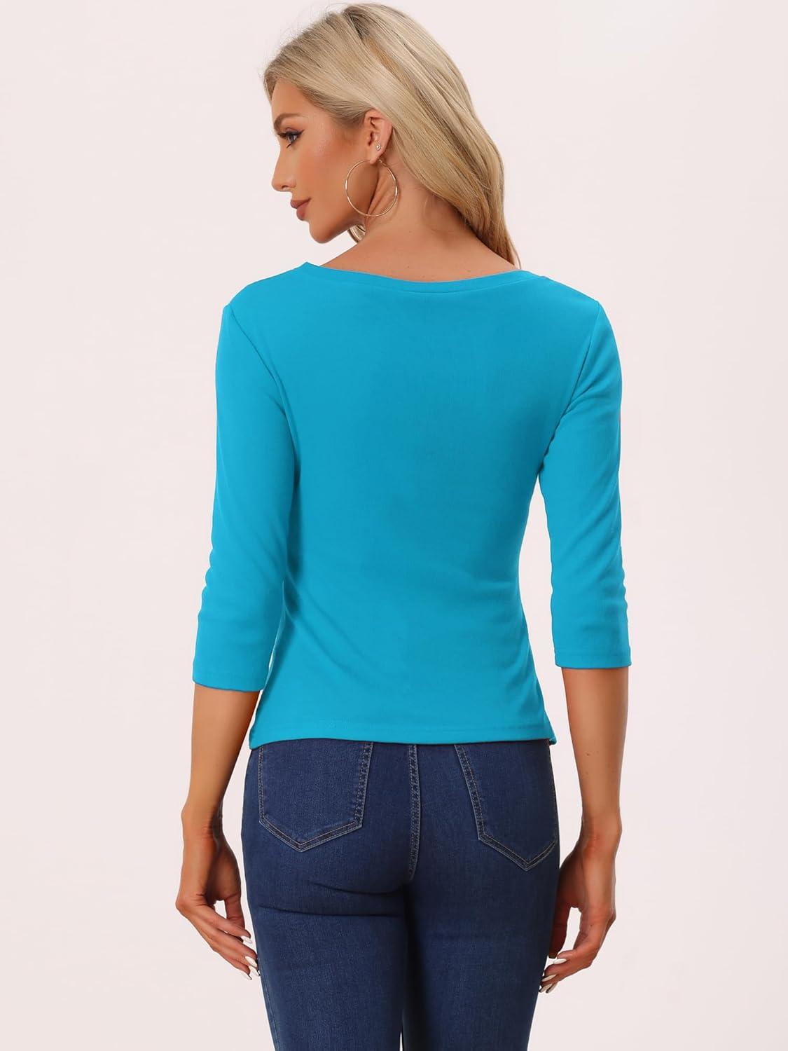 imageAllegra K Womens V Neck Blouse 34 Sleeves Solid Knitted Buttons Decor Ruched TopLake Blue