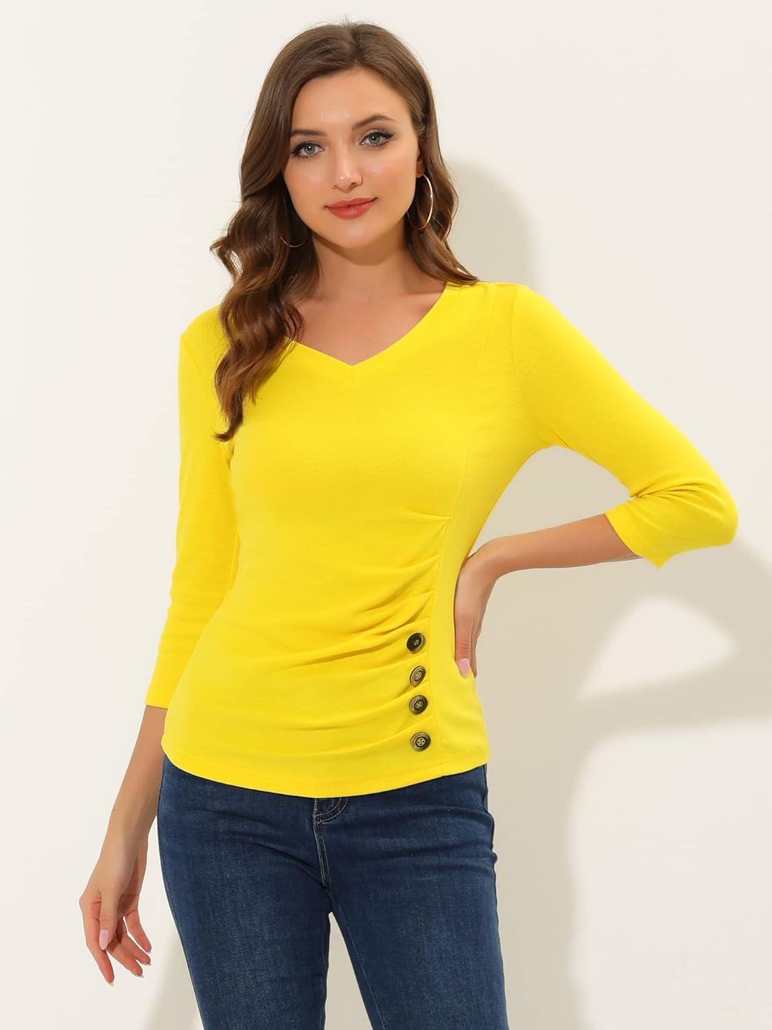 imageAllegra K Womens V Neck Blouse 34 Sleeves Solid Knitted Buttons Decor Ruched TopLemon Yellow