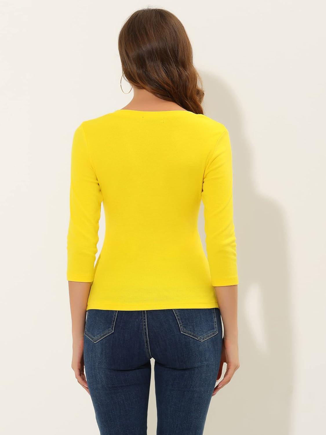 imageAllegra K Womens V Neck Blouse 34 Sleeves Solid Knitted Buttons Decor Ruched TopLemon Yellow