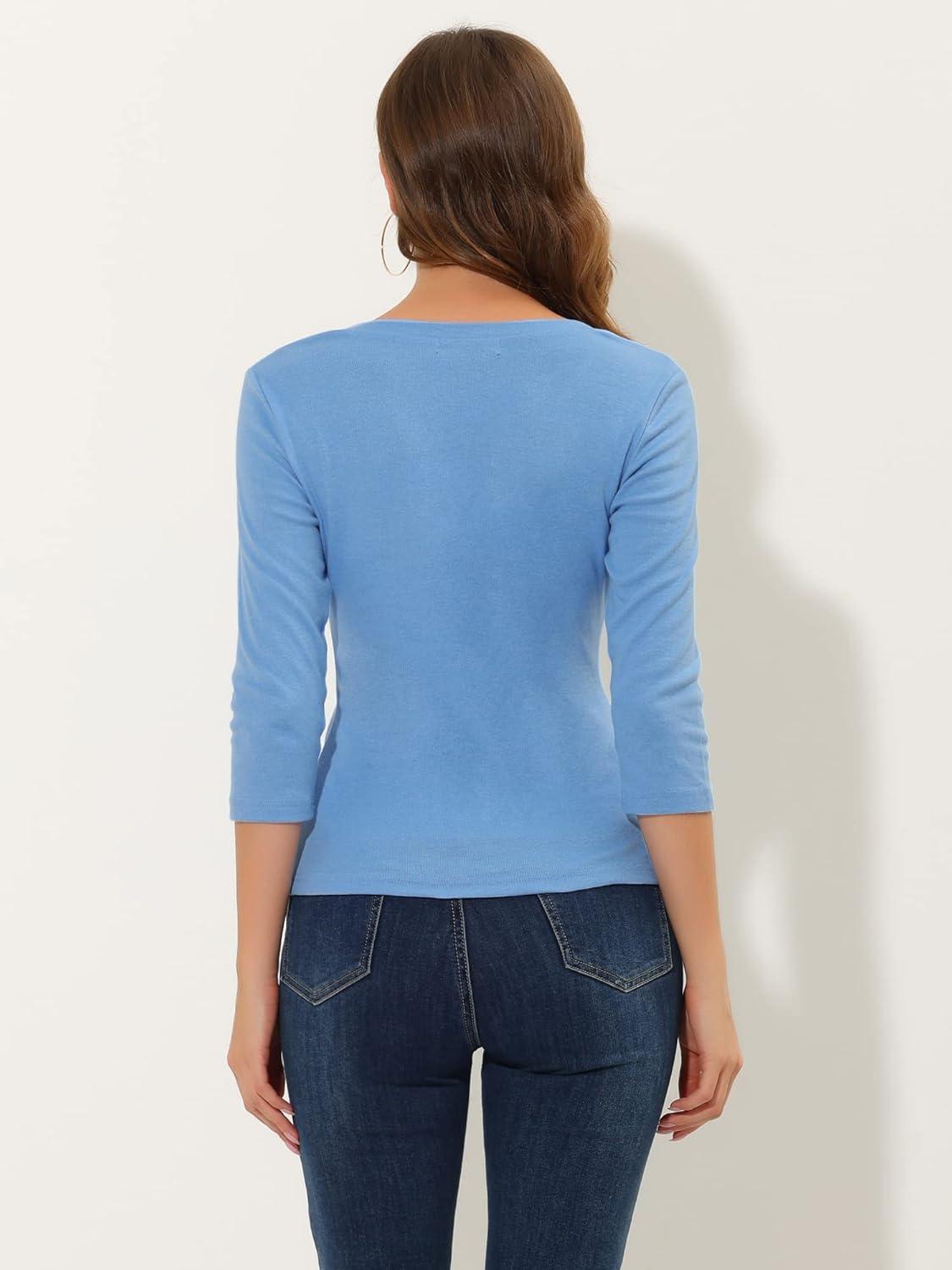 imageAllegra K Womens V Neck Blouse 34 Sleeves Solid Knitted Buttons Decor Ruched TopLight Blue