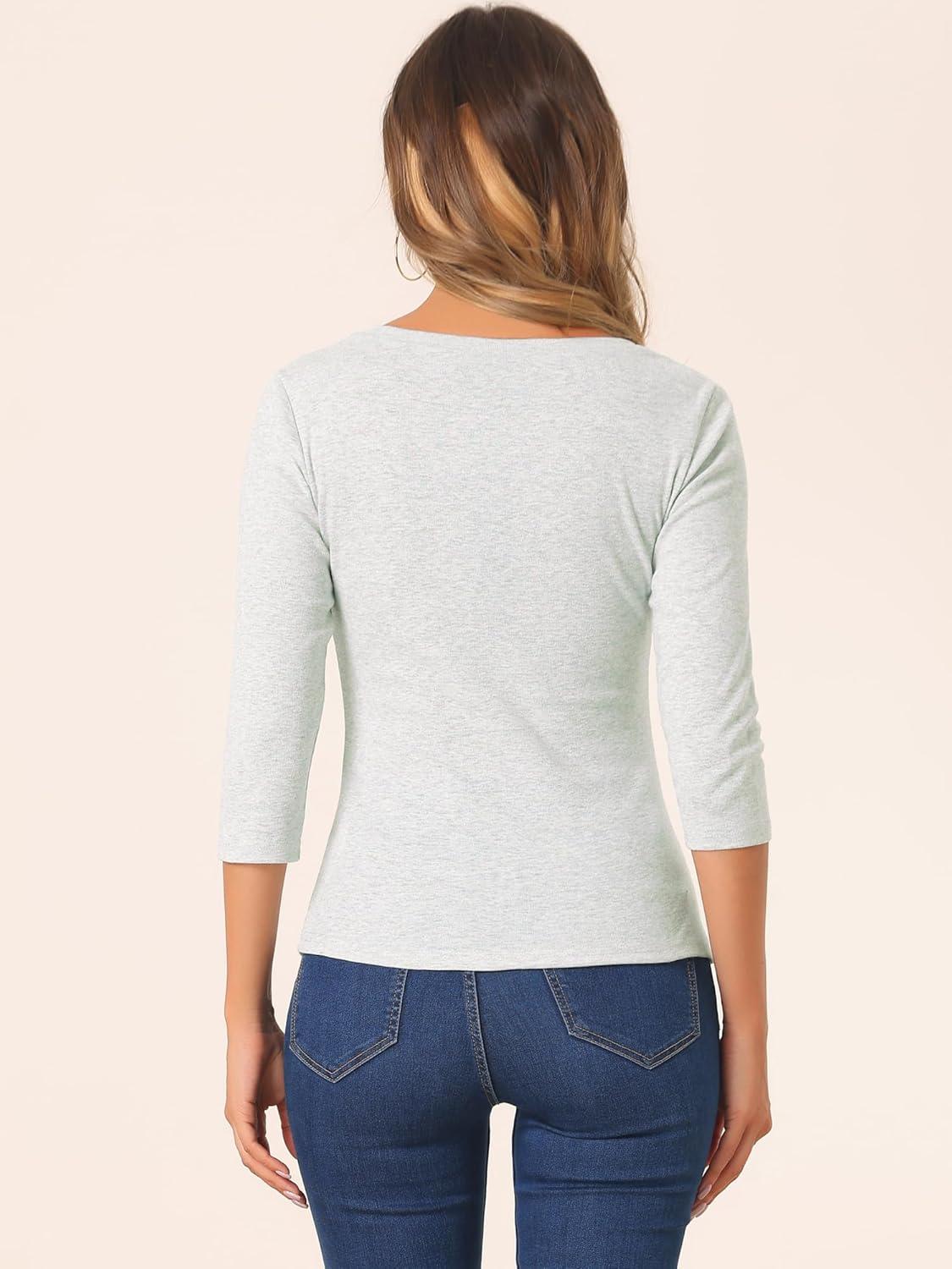 imageAllegra K Womens V Neck Blouse 34 Sleeves Solid Knitted Buttons Decor Ruched TopLight Gray