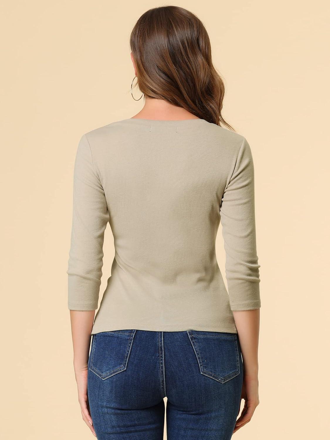 imageAllegra K Womens V Neck Blouse 34 Sleeves Solid Knitted Buttons Decor Ruched TopLight Khaki