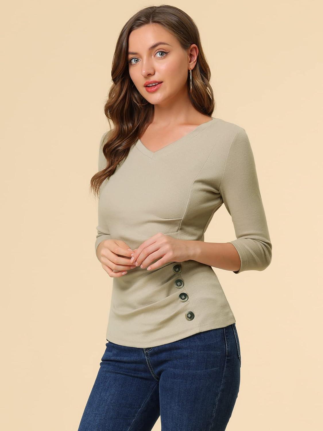 imageAllegra K Womens V Neck Blouse 34 Sleeves Solid Knitted Buttons Decor Ruched TopLight Khaki