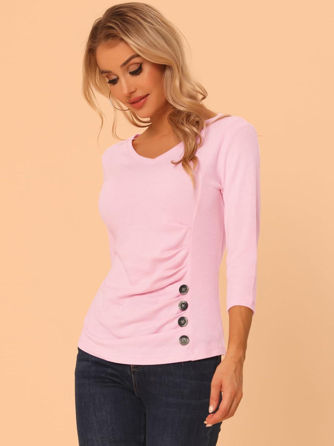 imageAllegra K Womens V Neck Blouse 34 Sleeves Solid Knitted Buttons Decor Ruched TopLight Pink