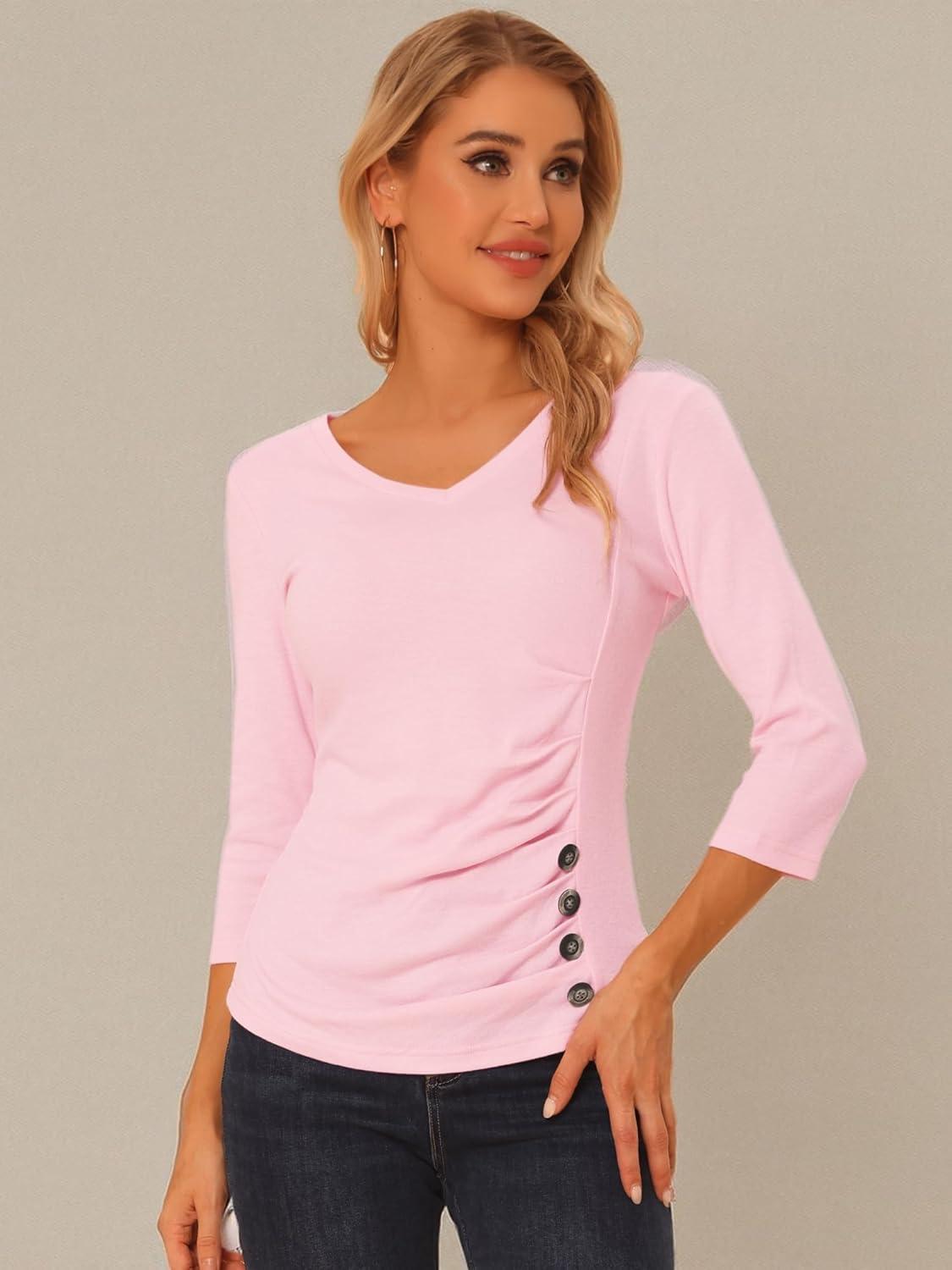 imageAllegra K Womens V Neck Blouse 34 Sleeves Solid Knitted Buttons Decor Ruched TopLight Pink