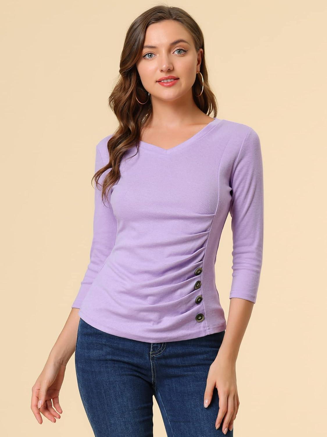 imageAllegra K Womens V Neck Blouse 34 Sleeves Solid Knitted Buttons Decor Ruched TopLight Purple