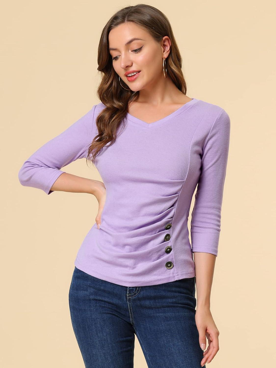 imageAllegra K Womens V Neck Blouse 34 Sleeves Solid Knitted Buttons Decor Ruched TopLight Purple