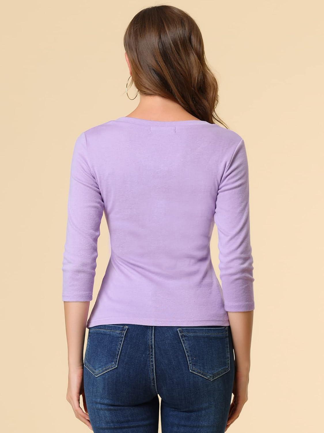 imageAllegra K Womens V Neck Blouse 34 Sleeves Solid Knitted Buttons Decor Ruched TopLight Purple