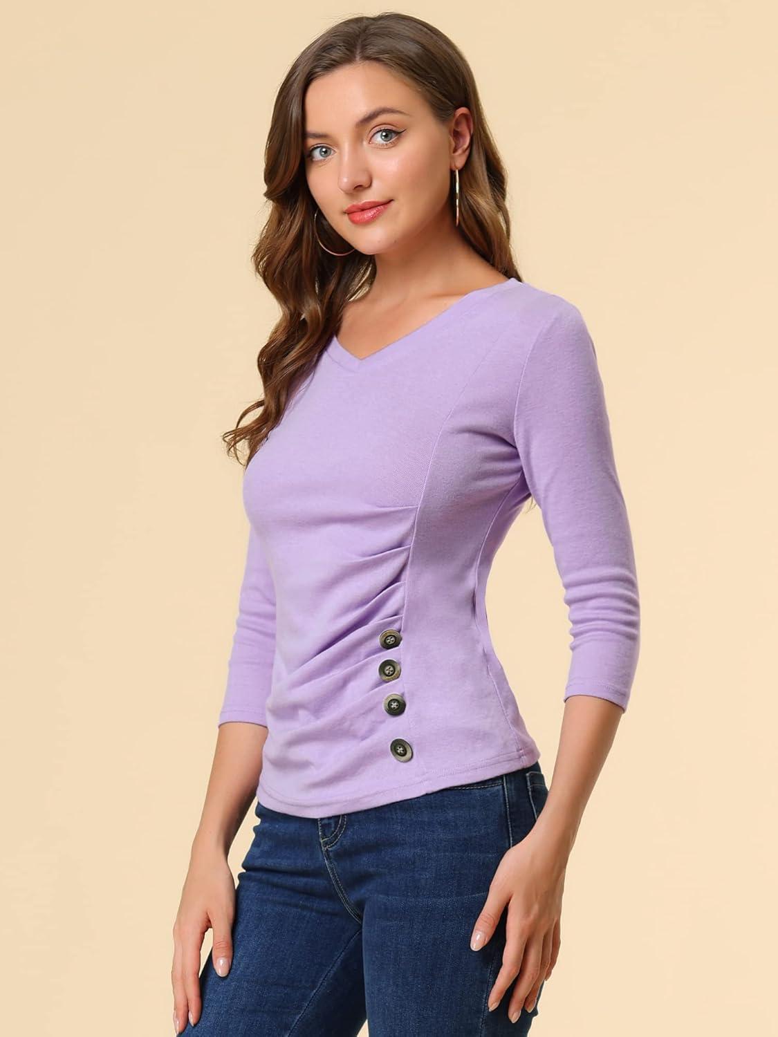 imageAllegra K Womens V Neck Blouse 34 Sleeves Solid Knitted Buttons Decor Ruched TopLight Purple