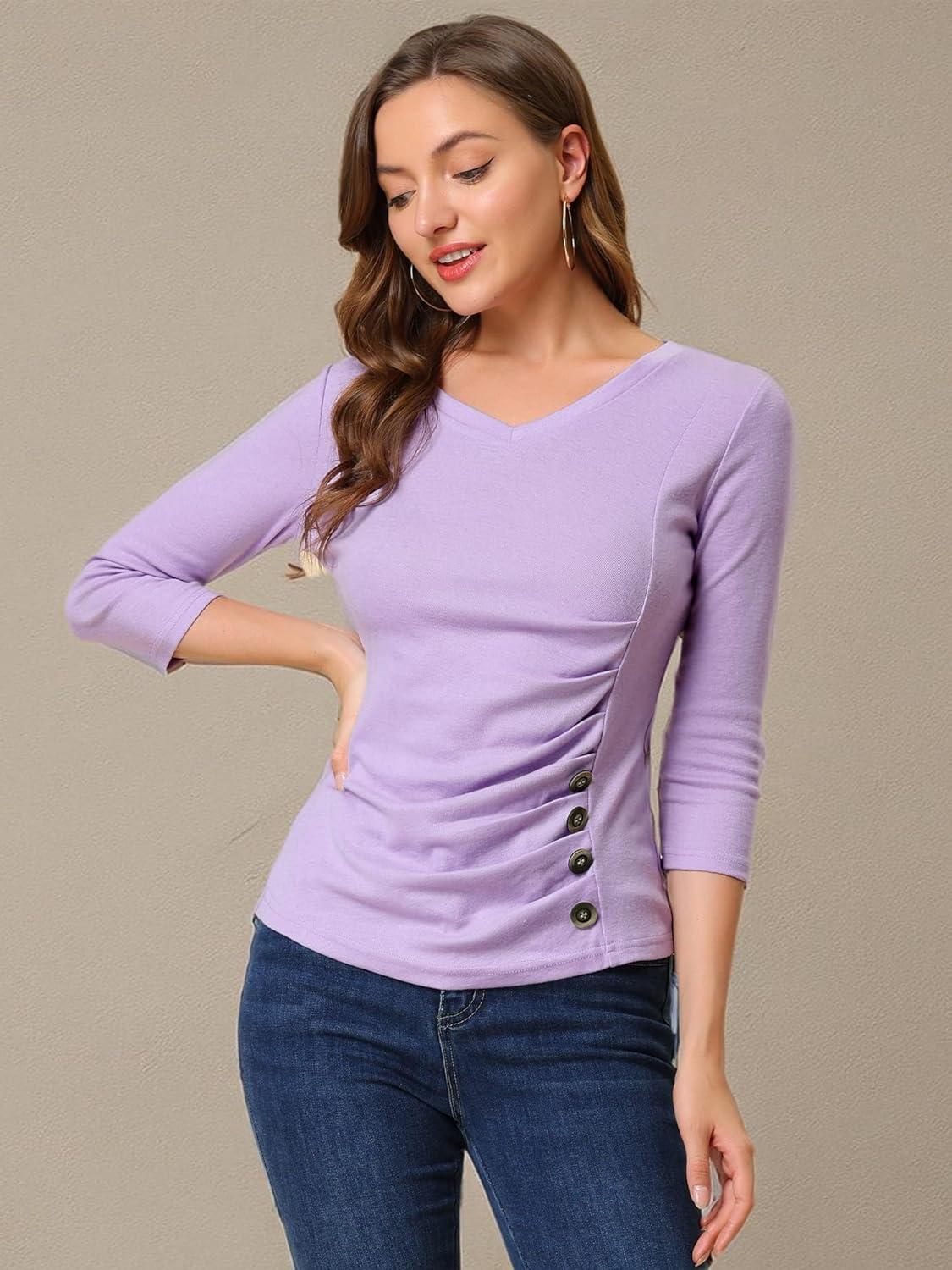 imageAllegra K Womens V Neck Blouse 34 Sleeves Solid Knitted Buttons Decor Ruched TopLight Purple