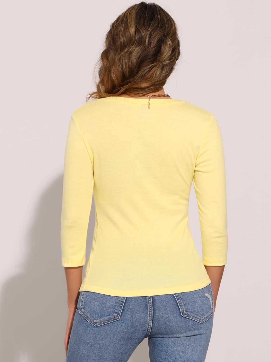 imageAllegra K Womens V Neck Blouse 34 Sleeves Solid Knitted Buttons Decor Ruched TopLight Yellow