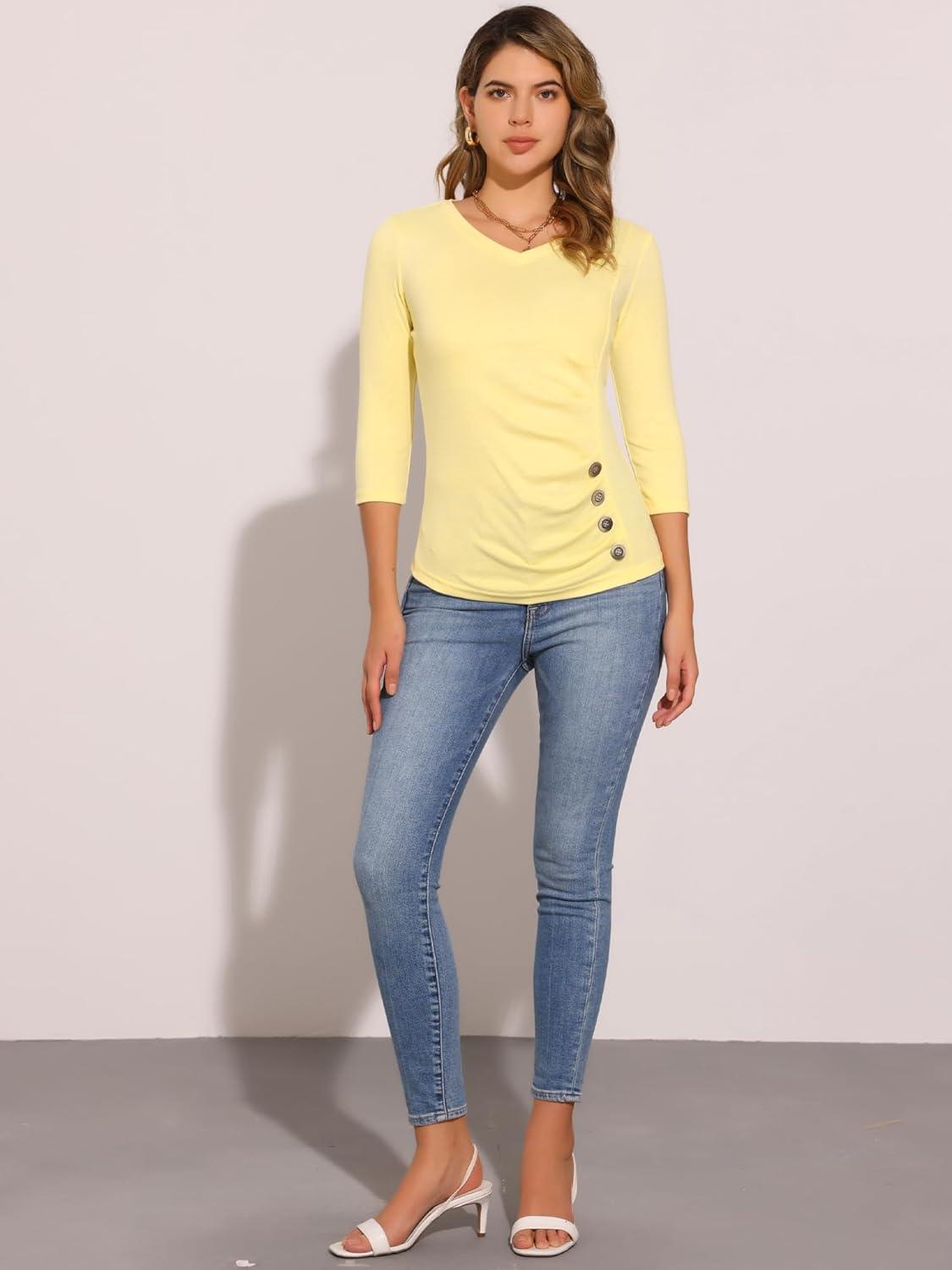 imageAllegra K Womens V Neck Blouse 34 Sleeves Solid Knitted Buttons Decor Ruched TopLight Yellow