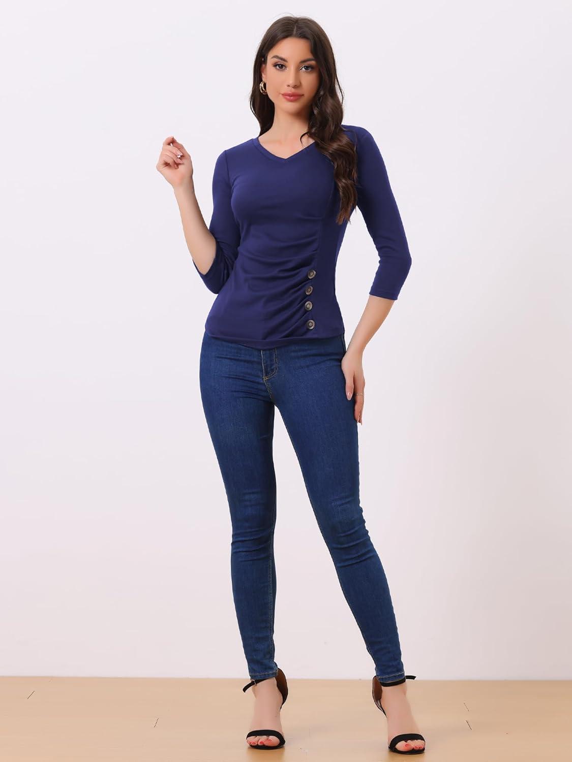 imageAllegra K Womens V Neck Blouse 34 Sleeves Solid Knitted Buttons Decor Ruched TopNavy Blue