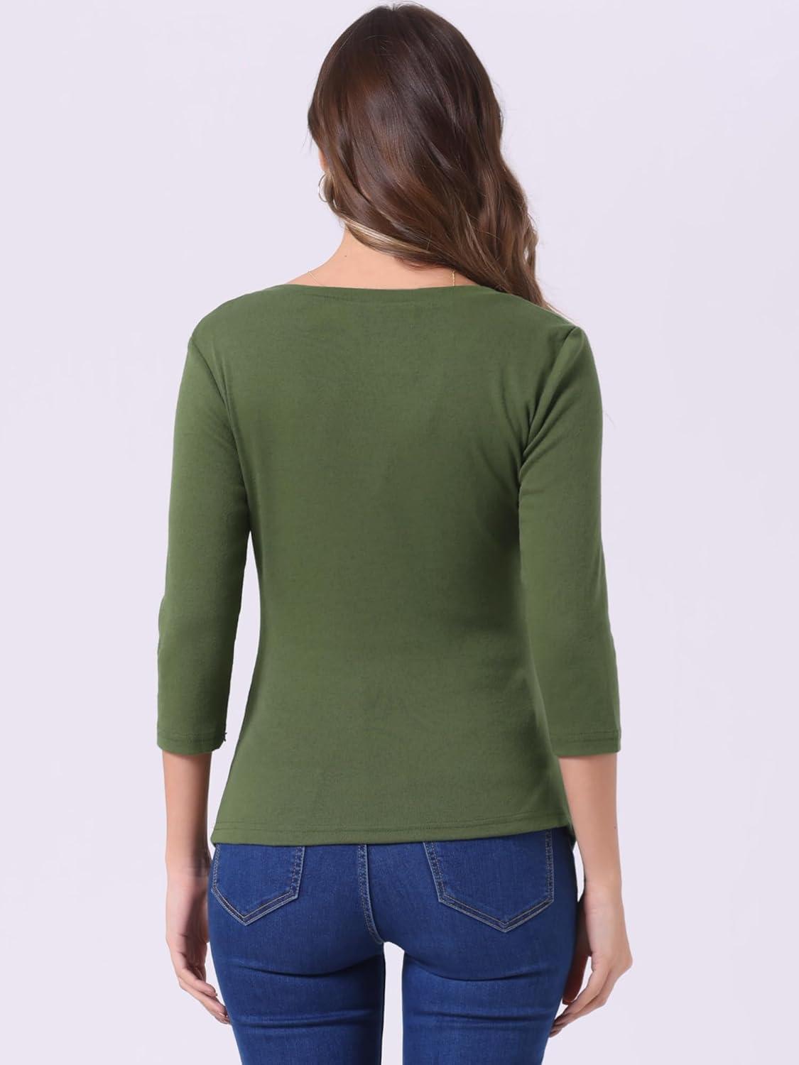 imageAllegra K Womens V Neck Blouse 34 Sleeves Solid Knitted Buttons Decor Ruched TopOlive Green