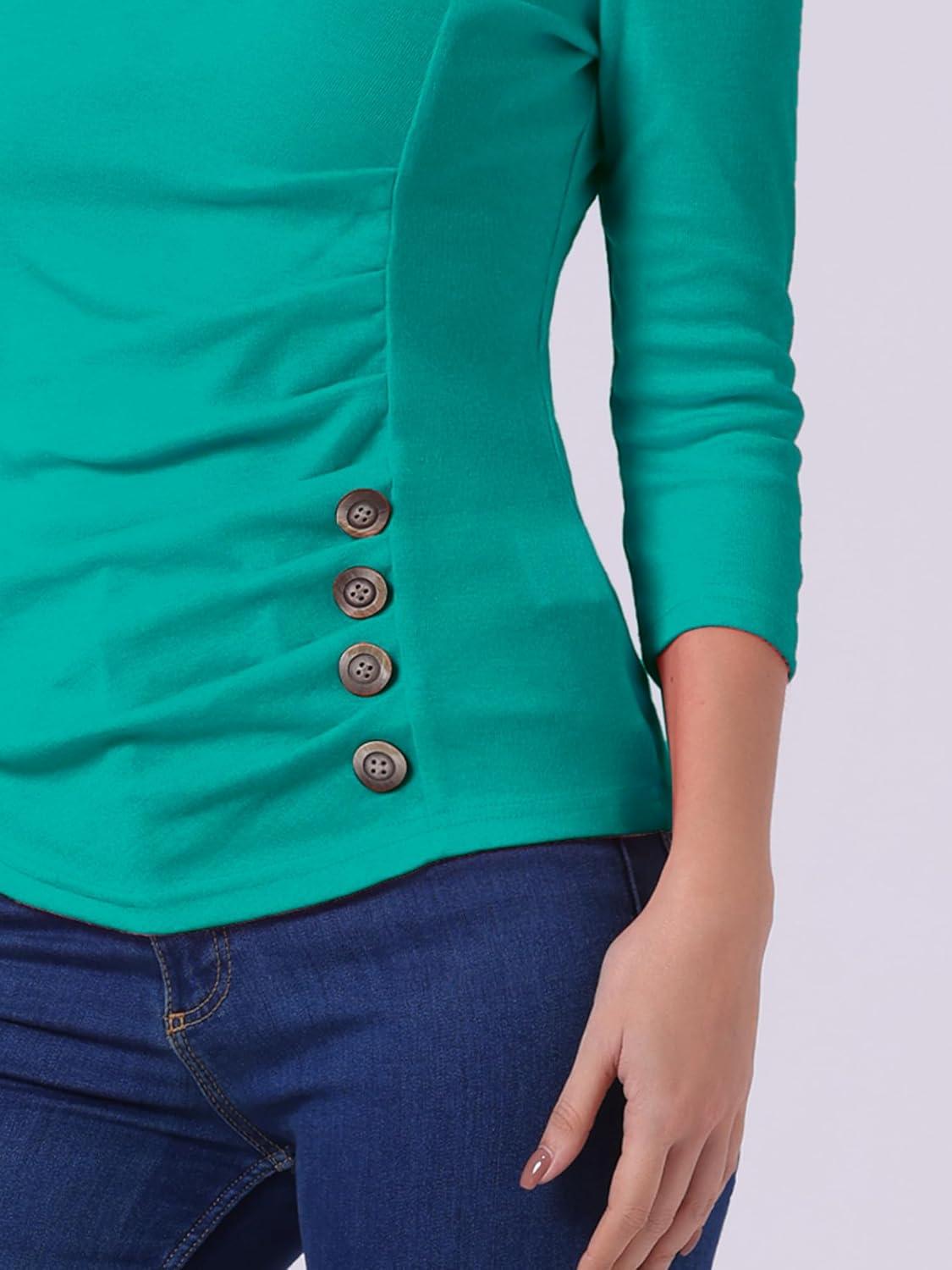 imageAllegra K Womens V Neck Blouse 34 Sleeves Solid Knitted Buttons Decor Ruched TopPeacock Blue