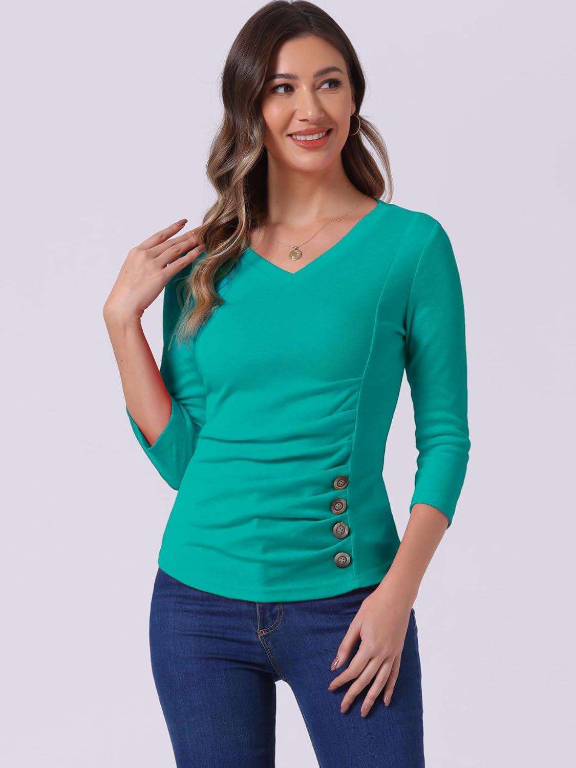 imageAllegra K Womens V Neck Blouse 34 Sleeves Solid Knitted Buttons Decor Ruched TopPeacock Blue