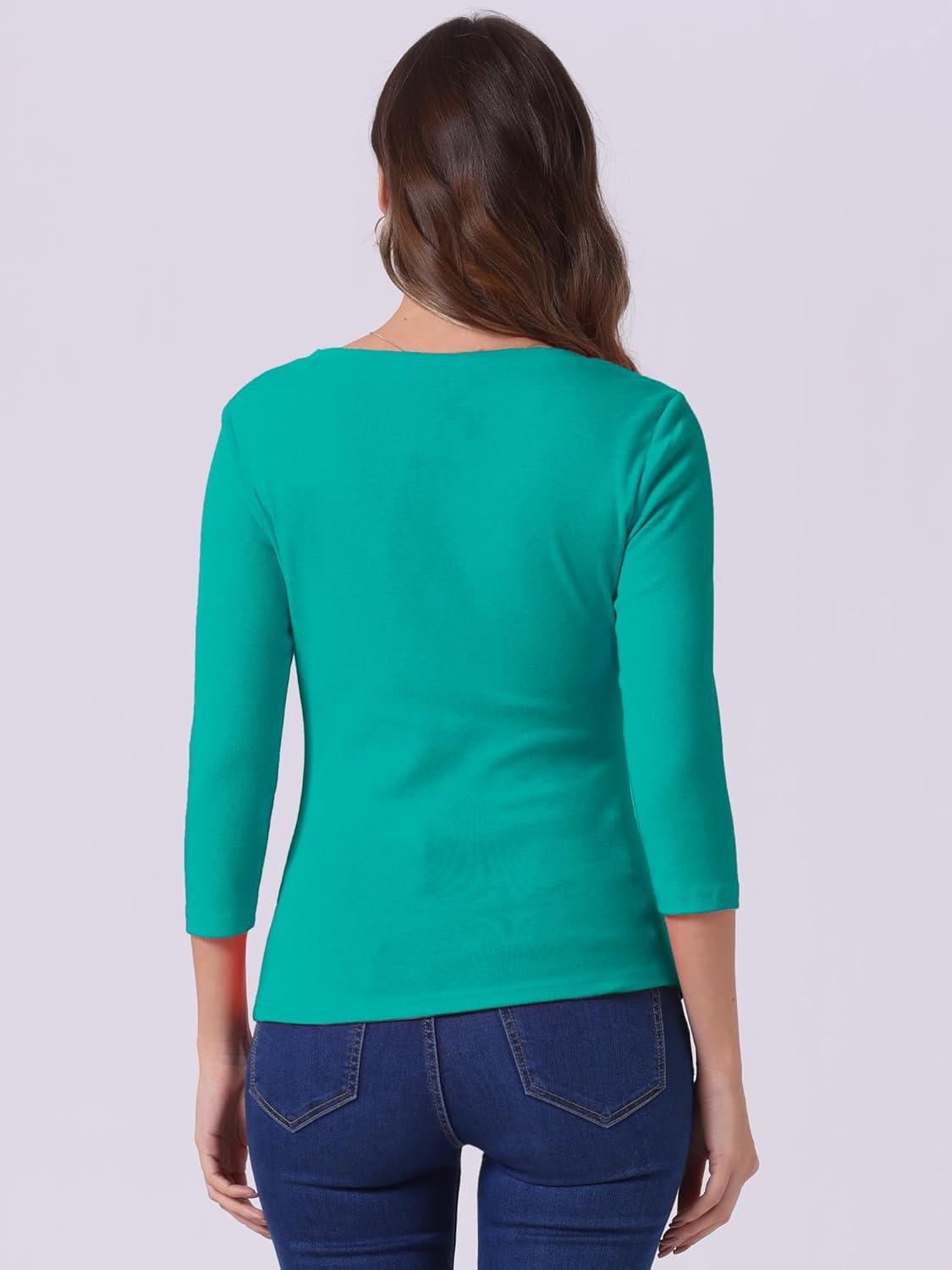 imageAllegra K Womens V Neck Blouse 34 Sleeves Solid Knitted Buttons Decor Ruched TopPeacock Blue