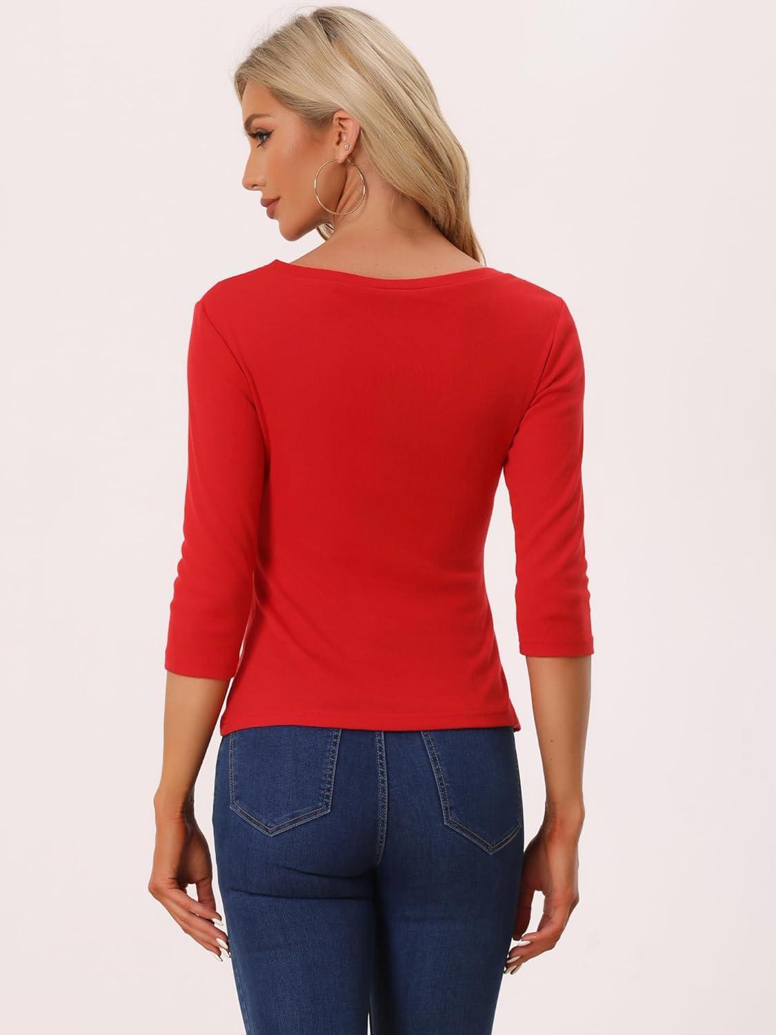imageAllegra K Womens V Neck Blouse 34 Sleeves Solid Knitted Buttons Decor Ruched TopRed
