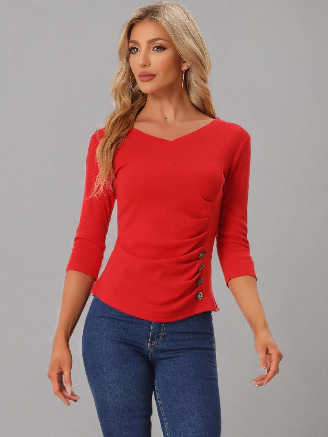 imageAllegra K Womens V Neck Blouse 34 Sleeves Solid Knitted Buttons Decor Ruched TopRed