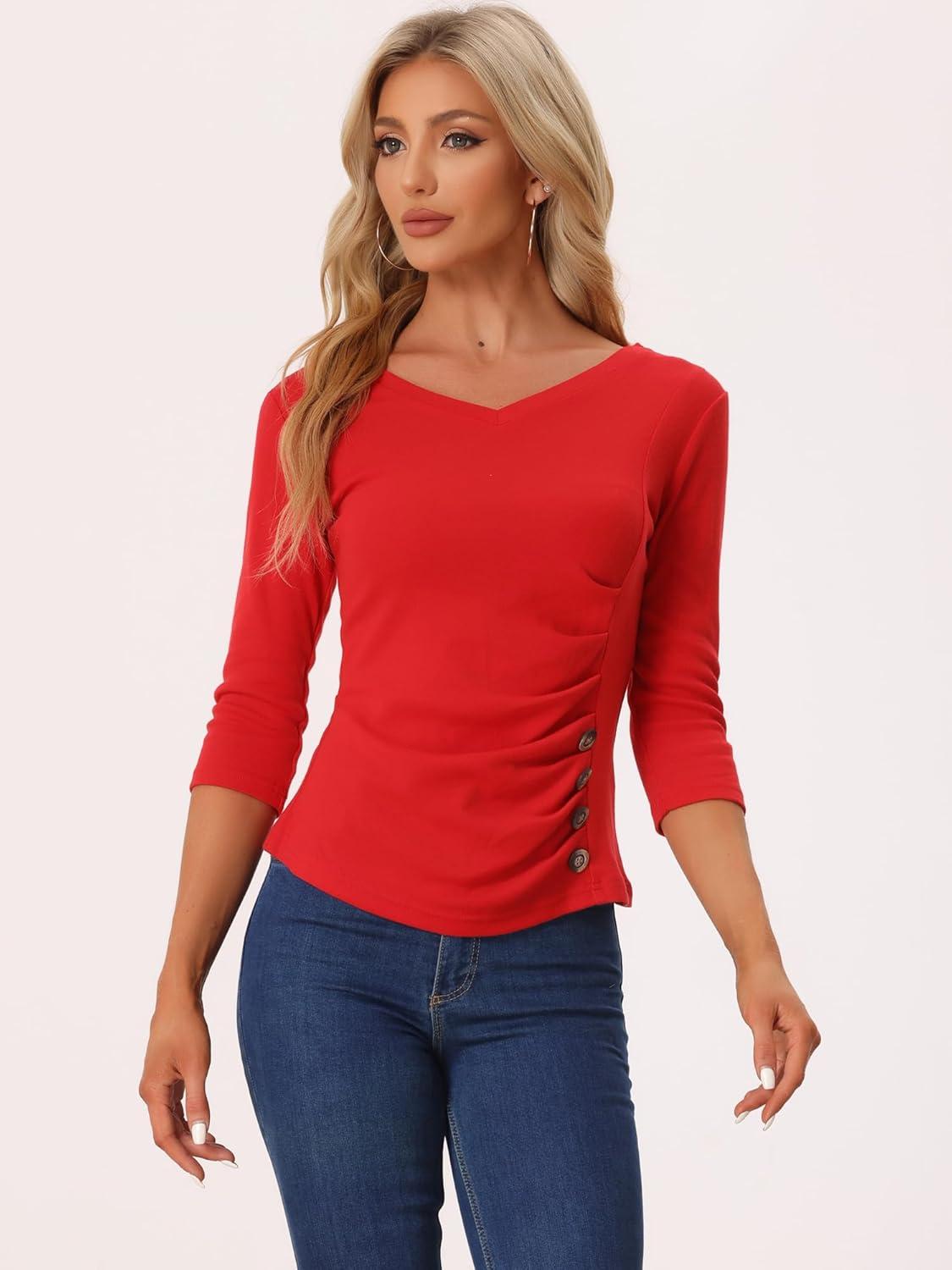 imageAllegra K Womens V Neck Blouse 34 Sleeves Solid Knitted Buttons Decor Ruched TopRed