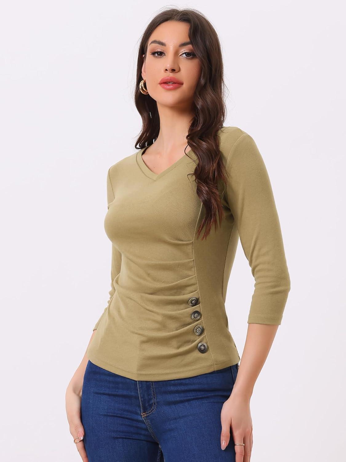 imageAllegra K Womens V Neck Blouse 34 Sleeves Solid Knitted Buttons Decor Ruched TopTan