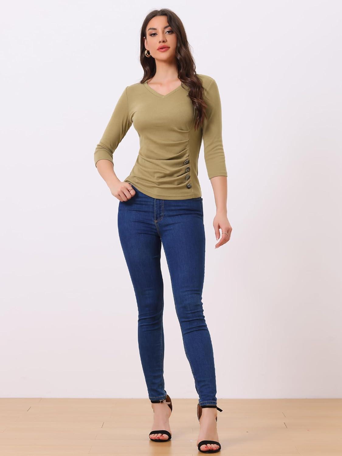 imageAllegra K Womens V Neck Blouse 34 Sleeves Solid Knitted Buttons Decor Ruched TopTan