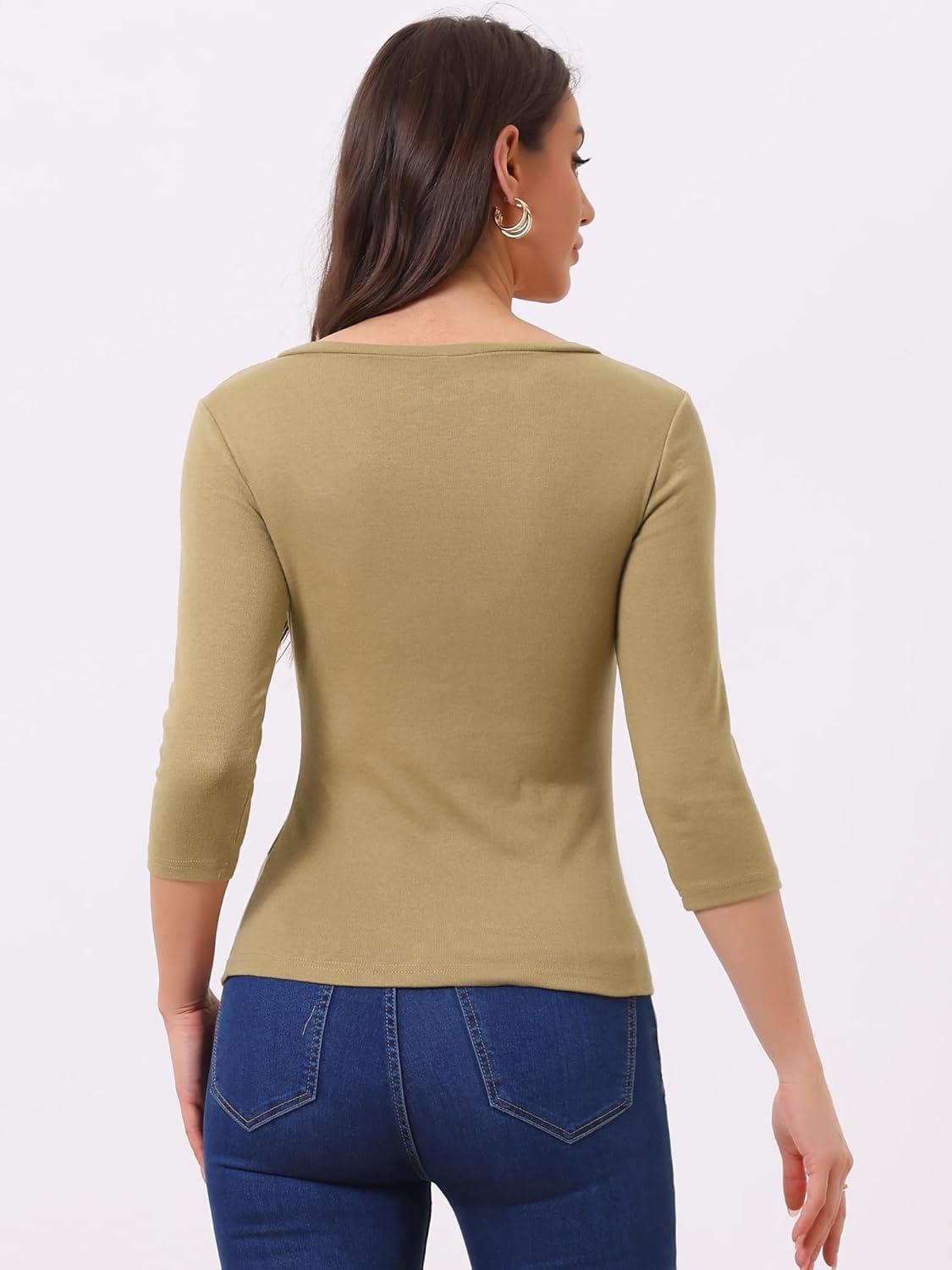 imageAllegra K Womens V Neck Blouse 34 Sleeves Solid Knitted Buttons Decor Ruched TopTan