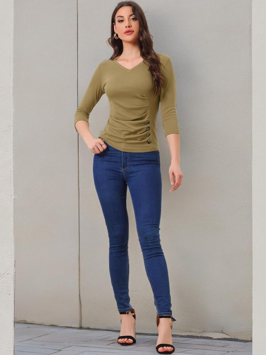 imageAllegra K Womens V Neck Blouse 34 Sleeves Solid Knitted Buttons Decor Ruched TopTan