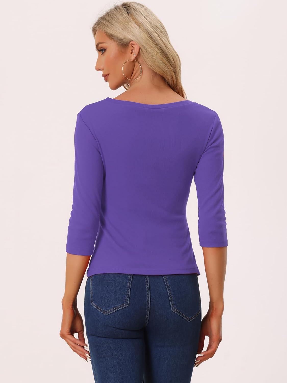 imageAllegra K Womens V Neck Blouse 34 Sleeves Solid Knitted Buttons Decor Ruched TopViolet