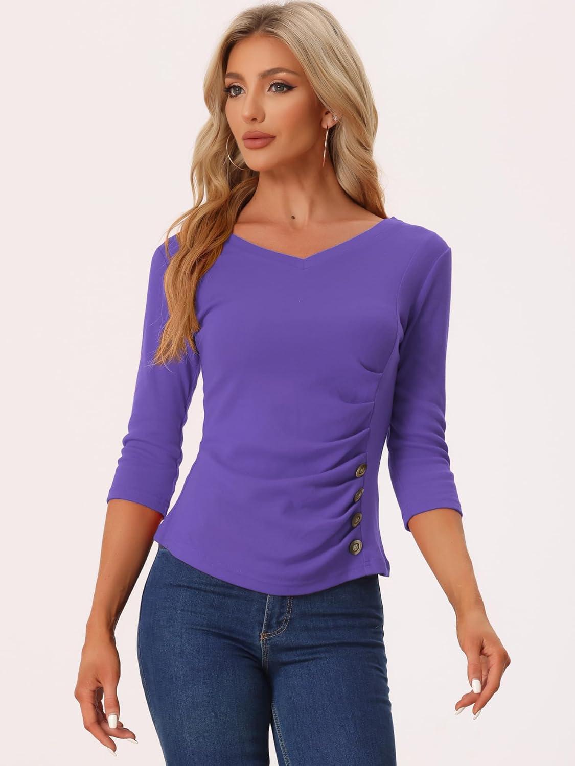 imageAllegra K Womens V Neck Blouse 34 Sleeves Solid Knitted Buttons Decor Ruched TopViolet