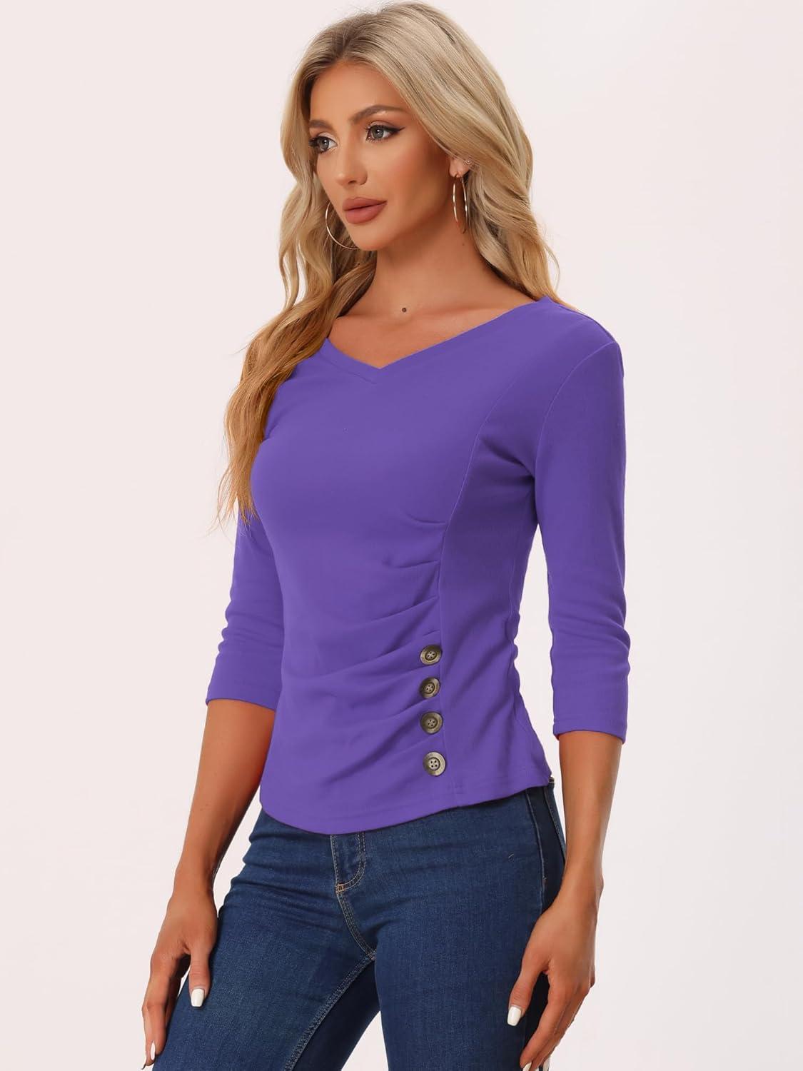 imageAllegra K Womens V Neck Blouse 34 Sleeves Solid Knitted Buttons Decor Ruched TopViolet
