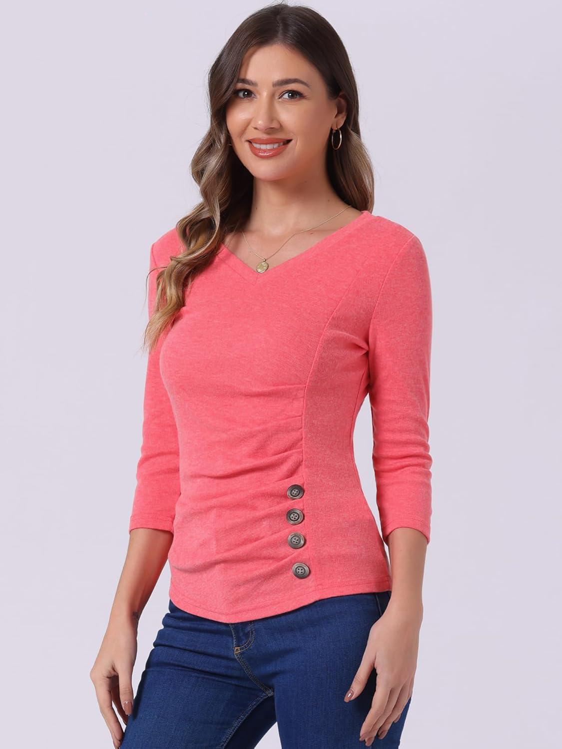 imageAllegra K Womens V Neck Blouse 34 Sleeves Solid Knitted Buttons Decor Ruched TopWatermelon Red