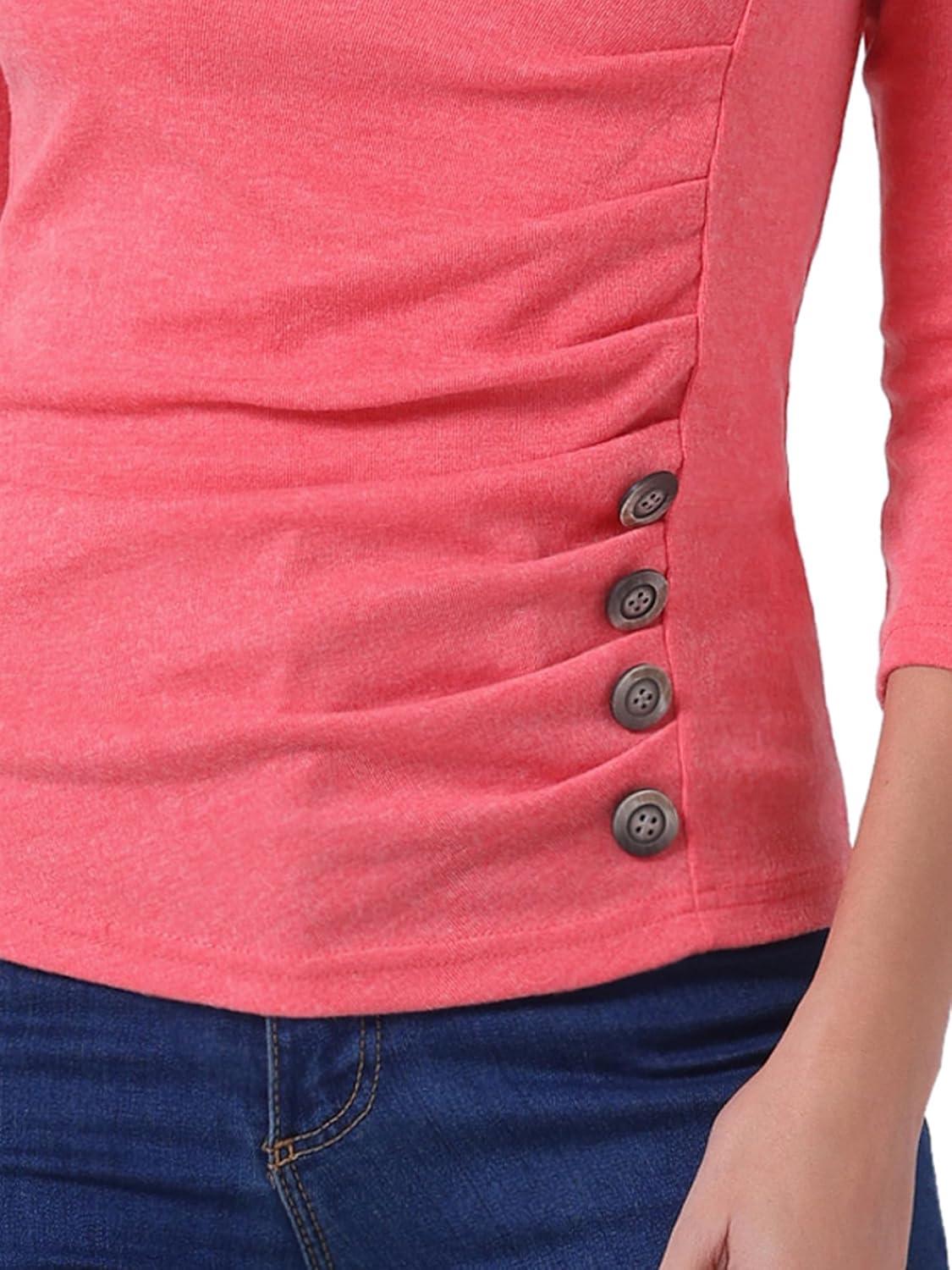 imageAllegra K Womens V Neck Blouse 34 Sleeves Solid Knitted Buttons Decor Ruched TopWatermelon Red
