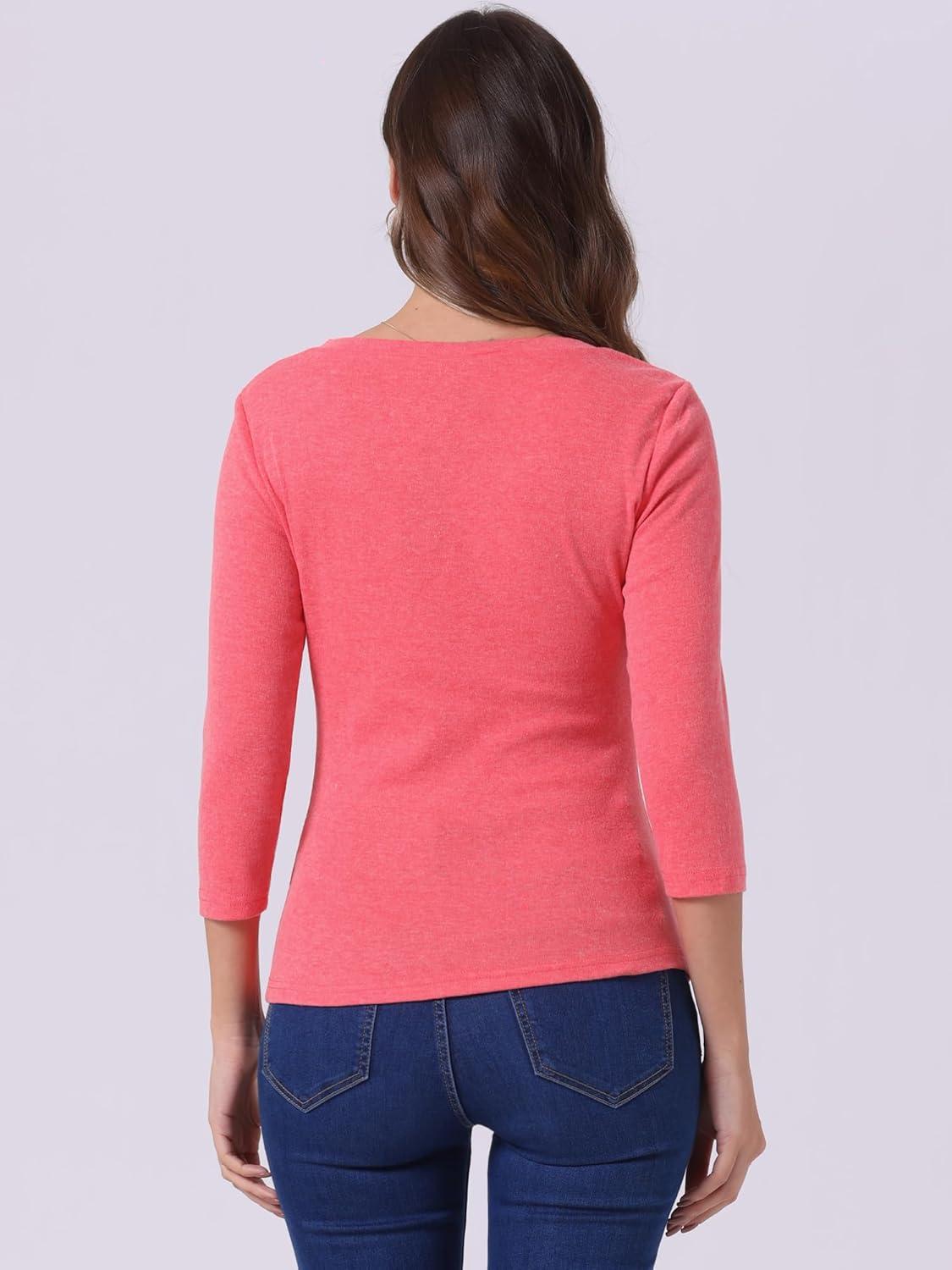 imageAllegra K Womens V Neck Blouse 34 Sleeves Solid Knitted Buttons Decor Ruched TopWatermelon Red