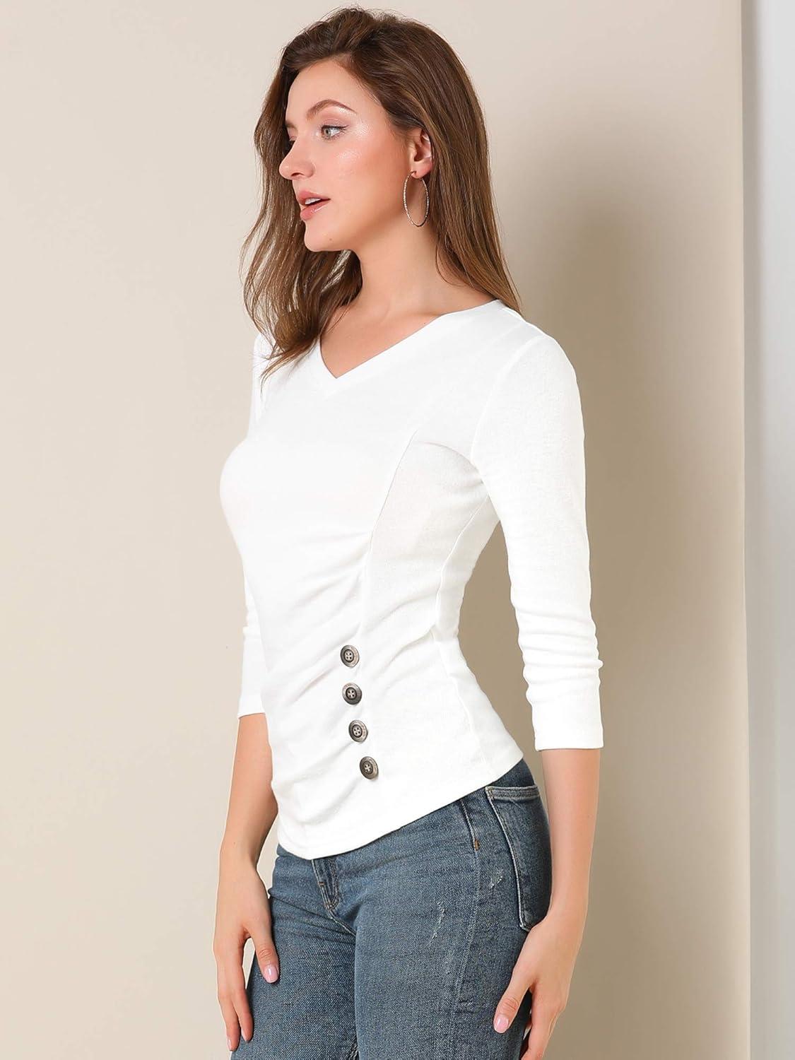 imageAllegra K Womens V Neck Blouse 34 Sleeves Solid Knitted Buttons Decor Ruched TopWhite
